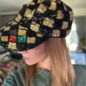 Vintage 1980s Hurry Up! Full Sequin Baseball Cap Hat in Black Red Green Gold
